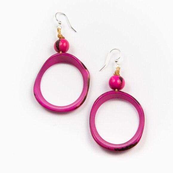 174 TAGUA Ring of Life Sustainable Vegan Ivory Dangle Hoop Earrings Hot Pink - Picture 1 of 4